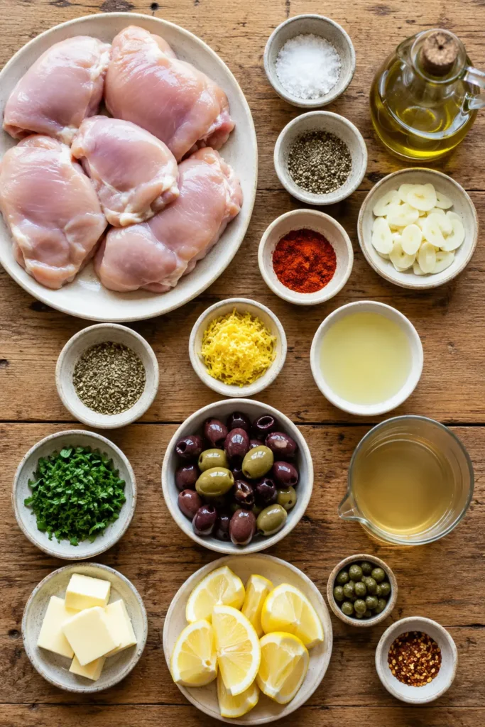 Ingredients for Chicken Thighs with Lemon, Garlic, and Olives arranged on a rustic wooden kitchen table.