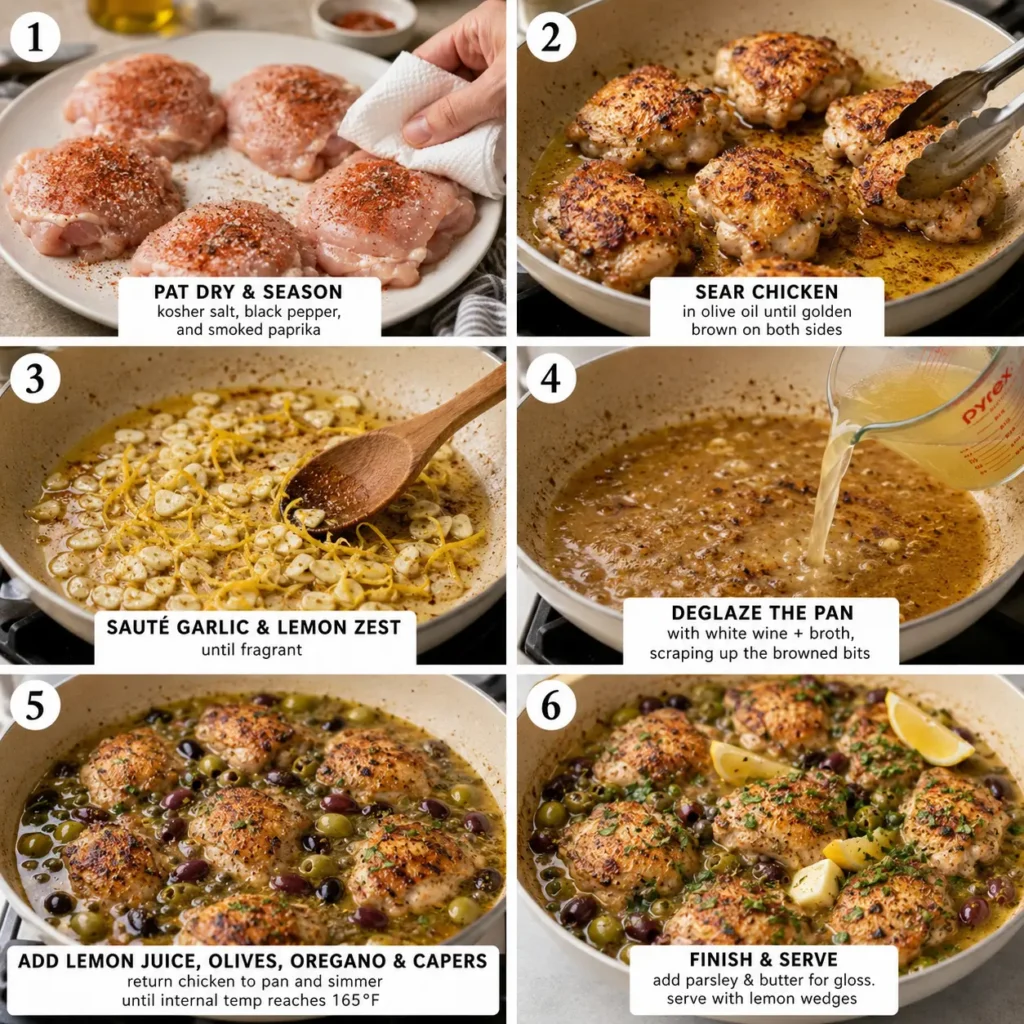 Six-step collage showing how to prepare Chicken Thighs with Lemon, Garlic, and Olives.
