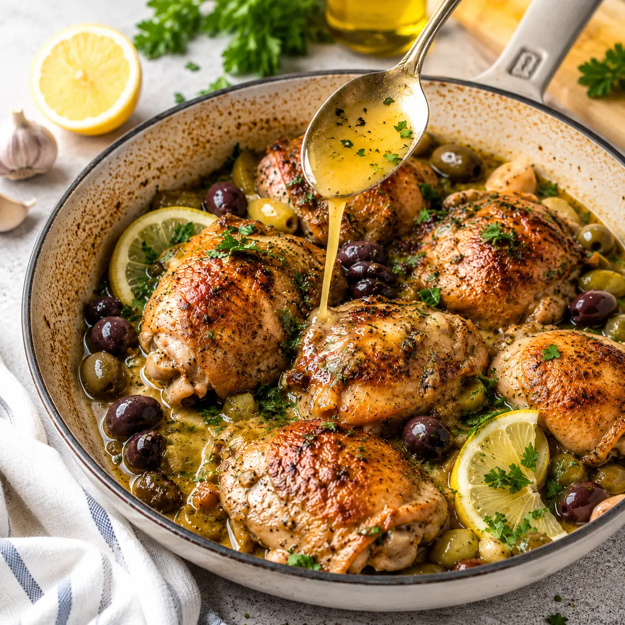 Chicken Thighs with Lemon, Garlic, and Olives arranged neatly in a skillet for a recipe card with parsley and lemon wedges.