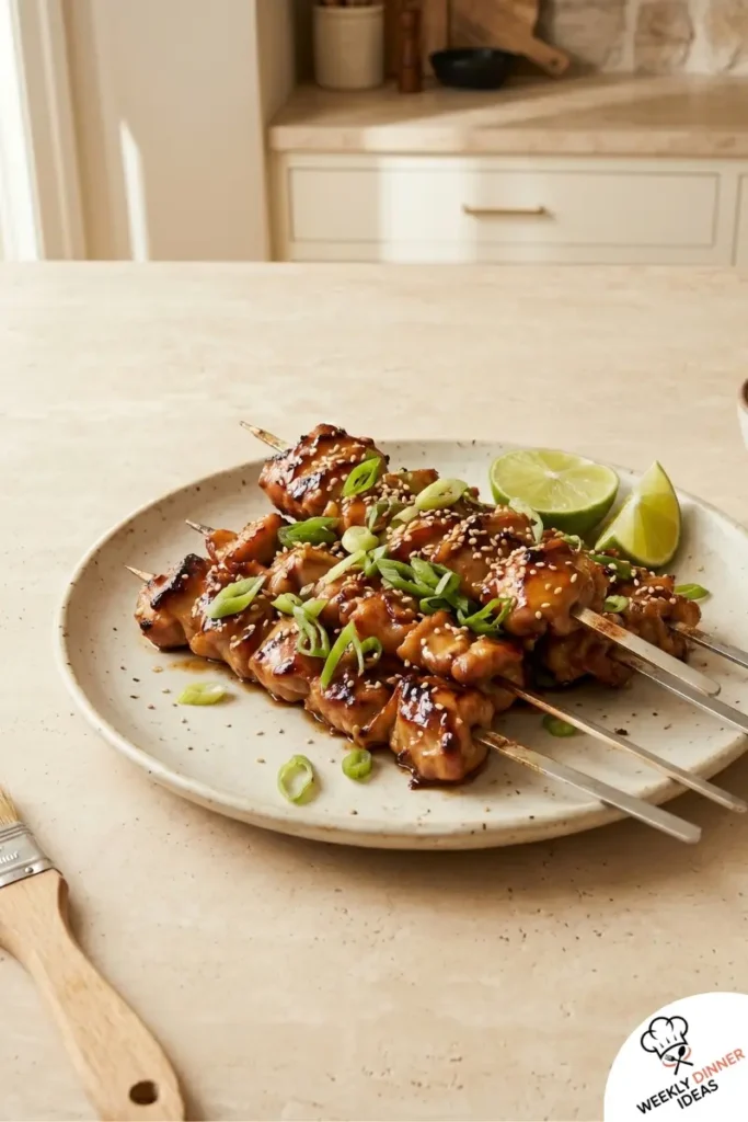 Final Honey Garlic Chicken Skewers Final plated honey garlic chicken skewers with sticky glaze, scallions, and sesame