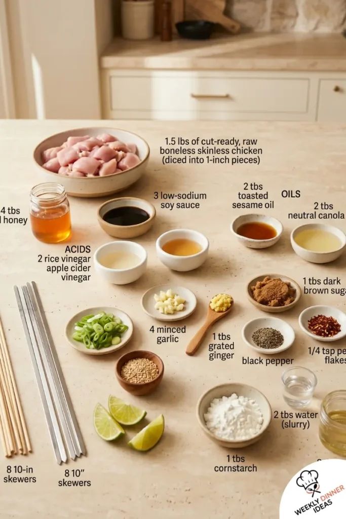 Honey Garlic Chicken Skewers Ingredients Ingredients for honey garlic chicken skewers including chicken thighs, honey, soy sauce, garlic, ginger, sesame oil, scallions, and sesame seeds