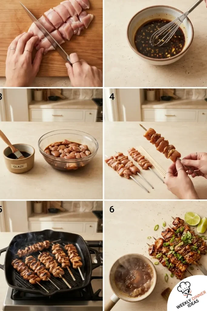 How to Make Honey Garlic Chicken Skewers Step-by-step collage showing how to make honey garlic chicken skewers from marinating to grilling and glazing