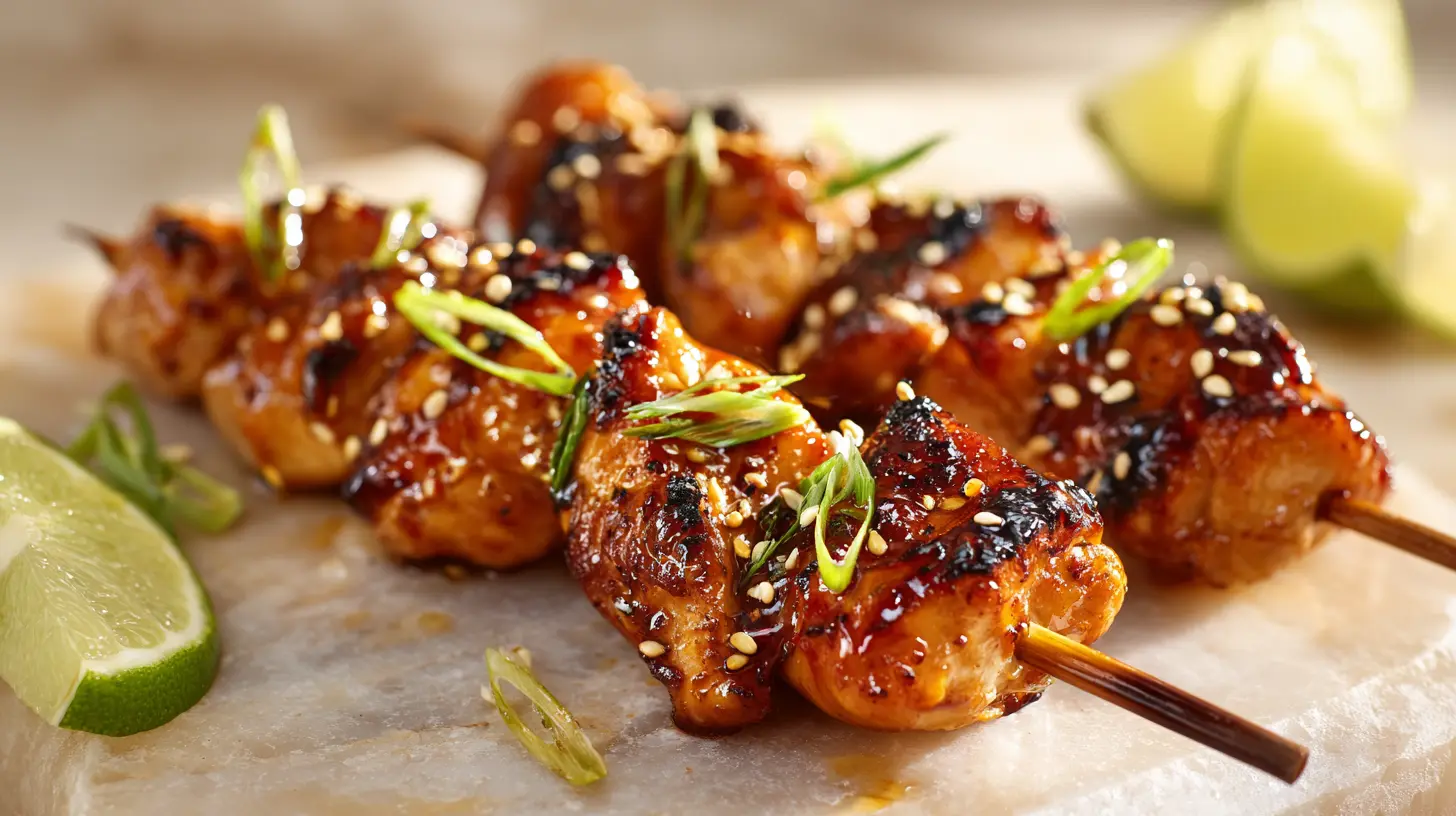 Discover the Ultimate Honey Garlic Chicken Skewers Recipe! 1 Square recipe image for honey garlic chicken skewers with sticky glaze and sesame