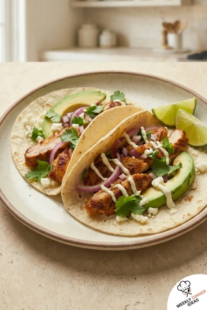 Final Lime Chicken Thigh Tacos Final plated lime chicken thigh tacos with avocado, cilantro, onion, and lime crema