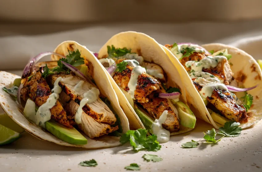 Lime chicken thigh tacos with seared chicken, red onion, cilantro, avocado, and lime crema