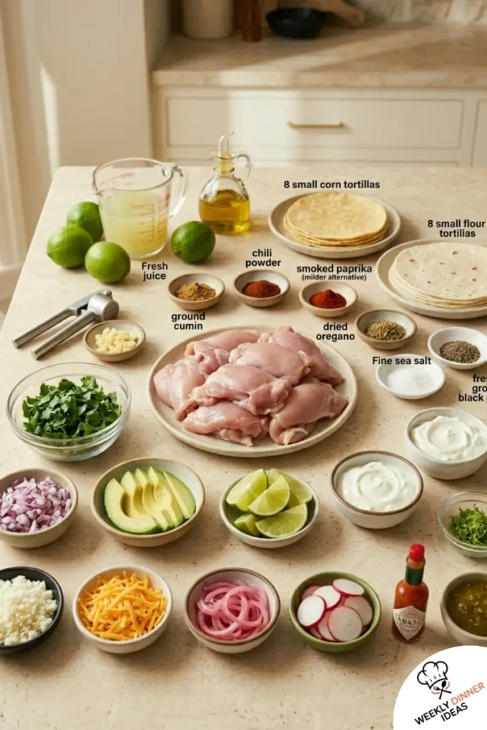 Lime Chicken Thigh Tacos Ingredients Ingredients for lime chicken thigh tacos including chicken thighs, lime, tortillas, onion, cilantro, avocado, and taco spices
