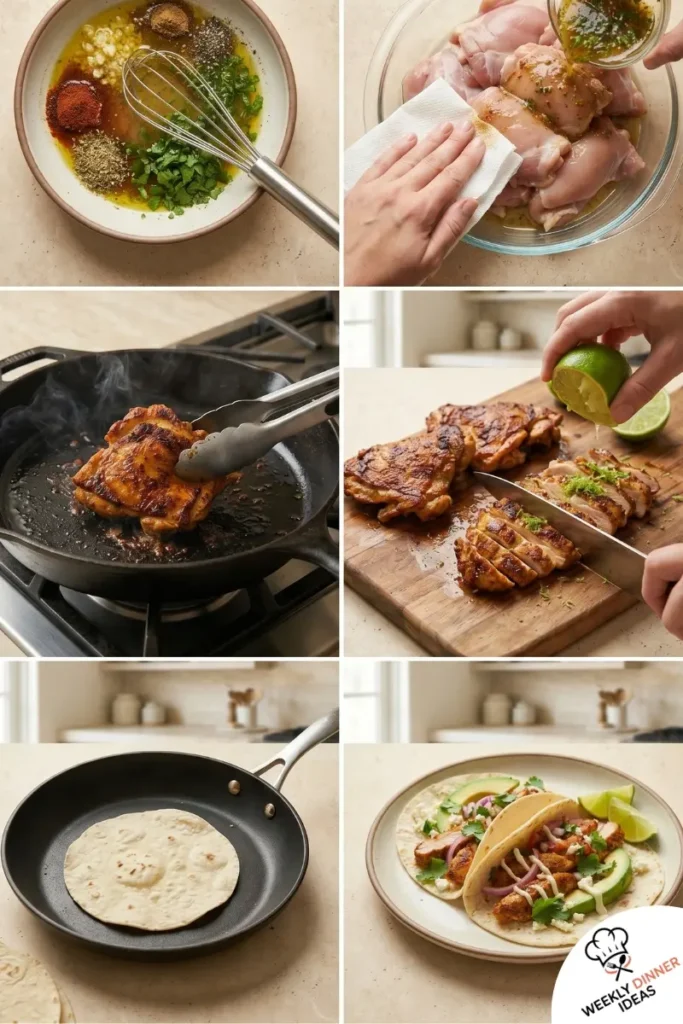 How to Make Lime Chicken Thigh Tacos Step-by-step collage showing how to make lime chicken thigh tacos from marinating to searing slicing and assembling