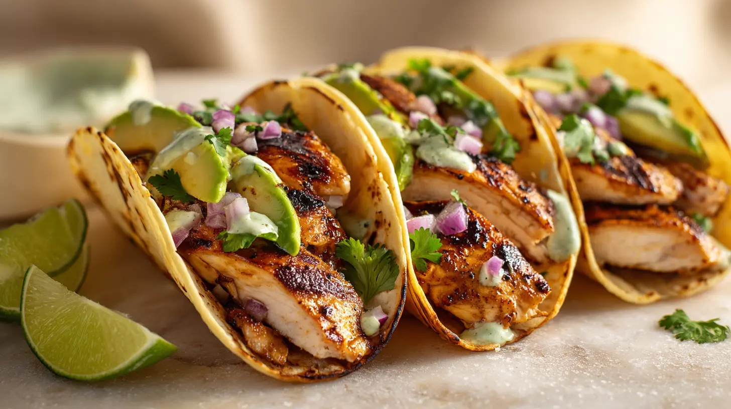 Whip Up Amazing Lime Chicken Thigh Tacos in Under 30 Minutes 1 Square recipe image for lime chicken thigh tacos with avocado, cilantro, and lime crema