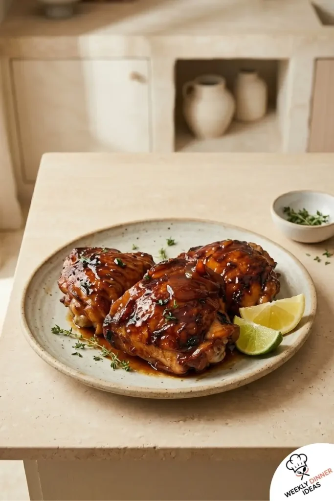 Final Peach Glazed Chicken Thighs Final plated Peach Glazed Chicken Thighs with sticky glaze and crispy skin
