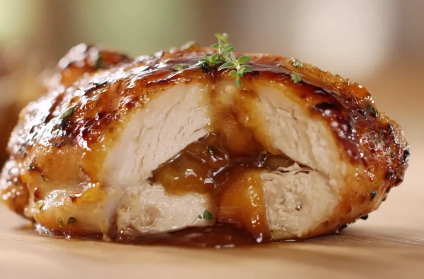 Peach Glazed Chicken Thighs with crispy golden skin and glossy sticky peach glaze