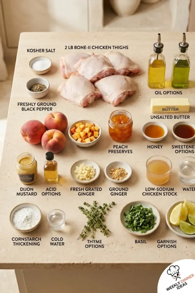 Peach Glazed Chicken Thighs Ingredients Ingredients for Peach Glazed Chicken Thighs including chicken thighs, peaches, Dijon, garlic, vinegar, stock, and thyme