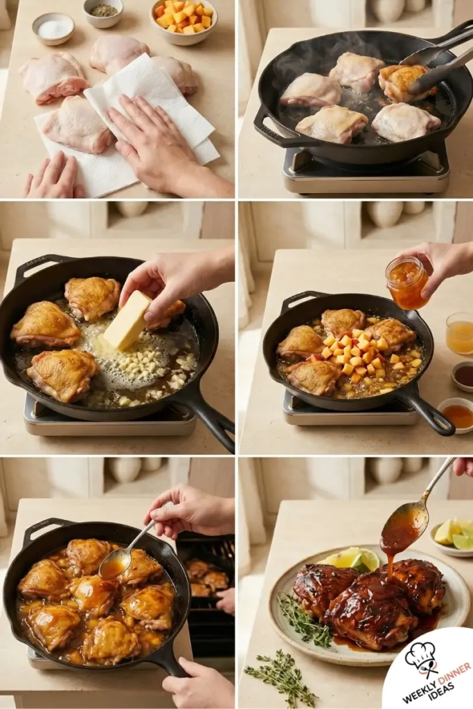 How to Make Peach Glazed Chicken Thighs Step-by-step collage showing how to make Peach Glazed Chicken Thighs from searing to roasting and glazing