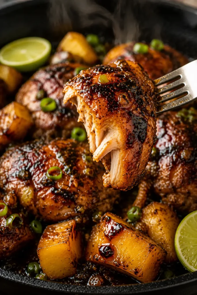 pineapple-jerk-chicken-final Close-up of Pineapple Jerk Chicken Thighs with glossy jerk glaze and caramelized pineapple.
