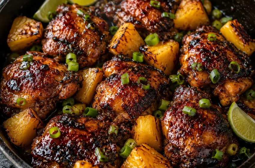 Pineapple Jerk Chicken Thighs with caramelized pineapple and jerk glaze in skillet