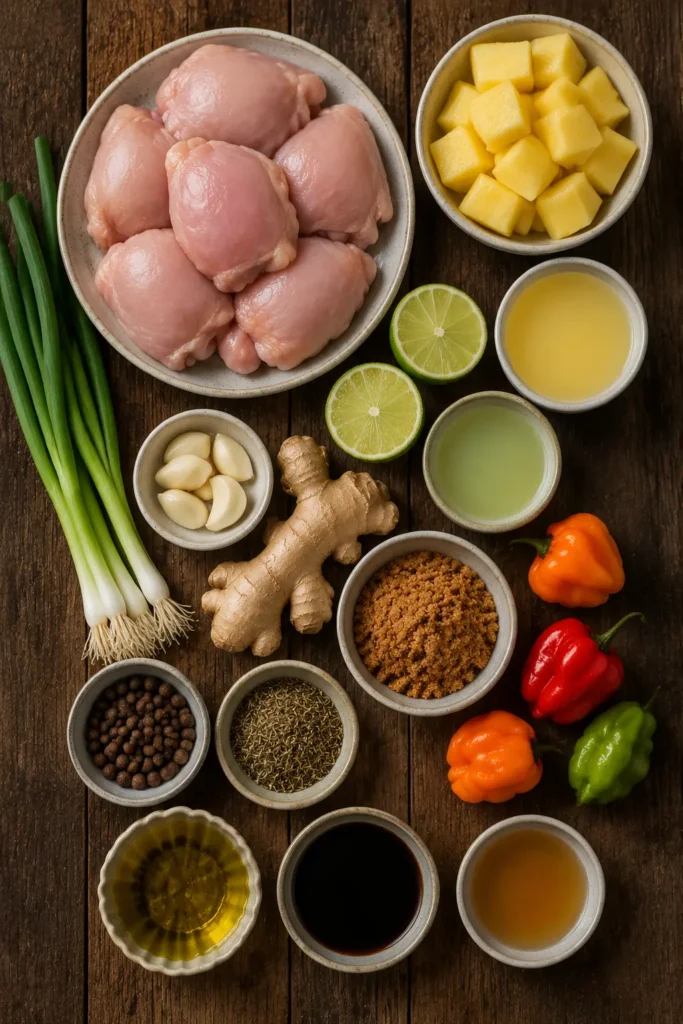pineapple-jerk-chicken-ingredients Flat lay of all ingredients for Pineapple Jerk Chicken Thighs