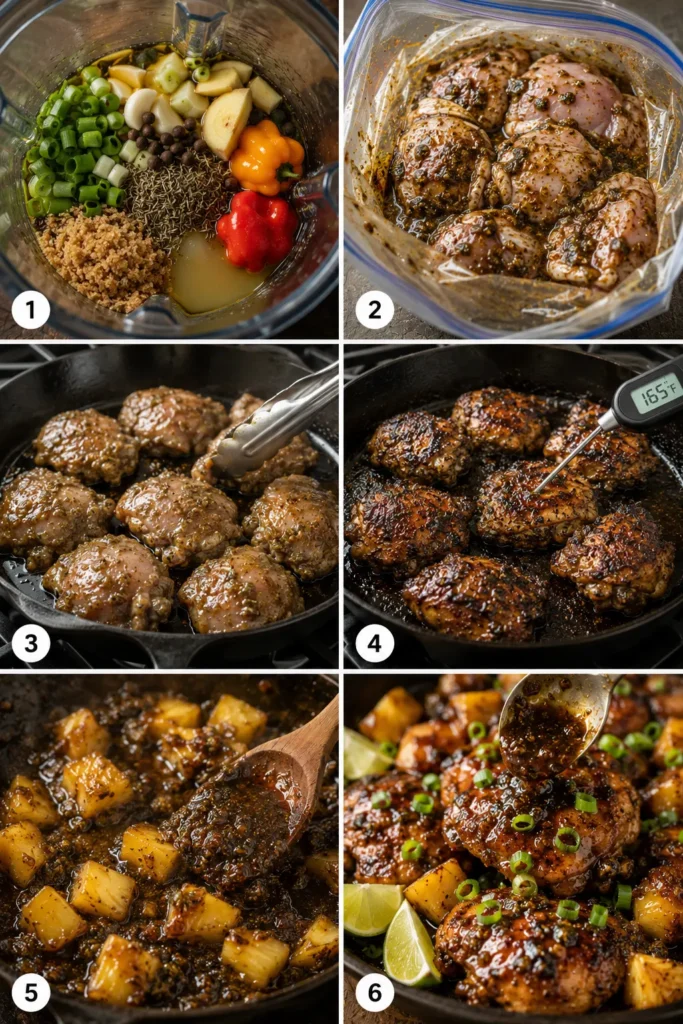 pineapple-jerk-chicken-steps Six-step collage illustrating Pineapple Jerk Chicken Thighs preparation