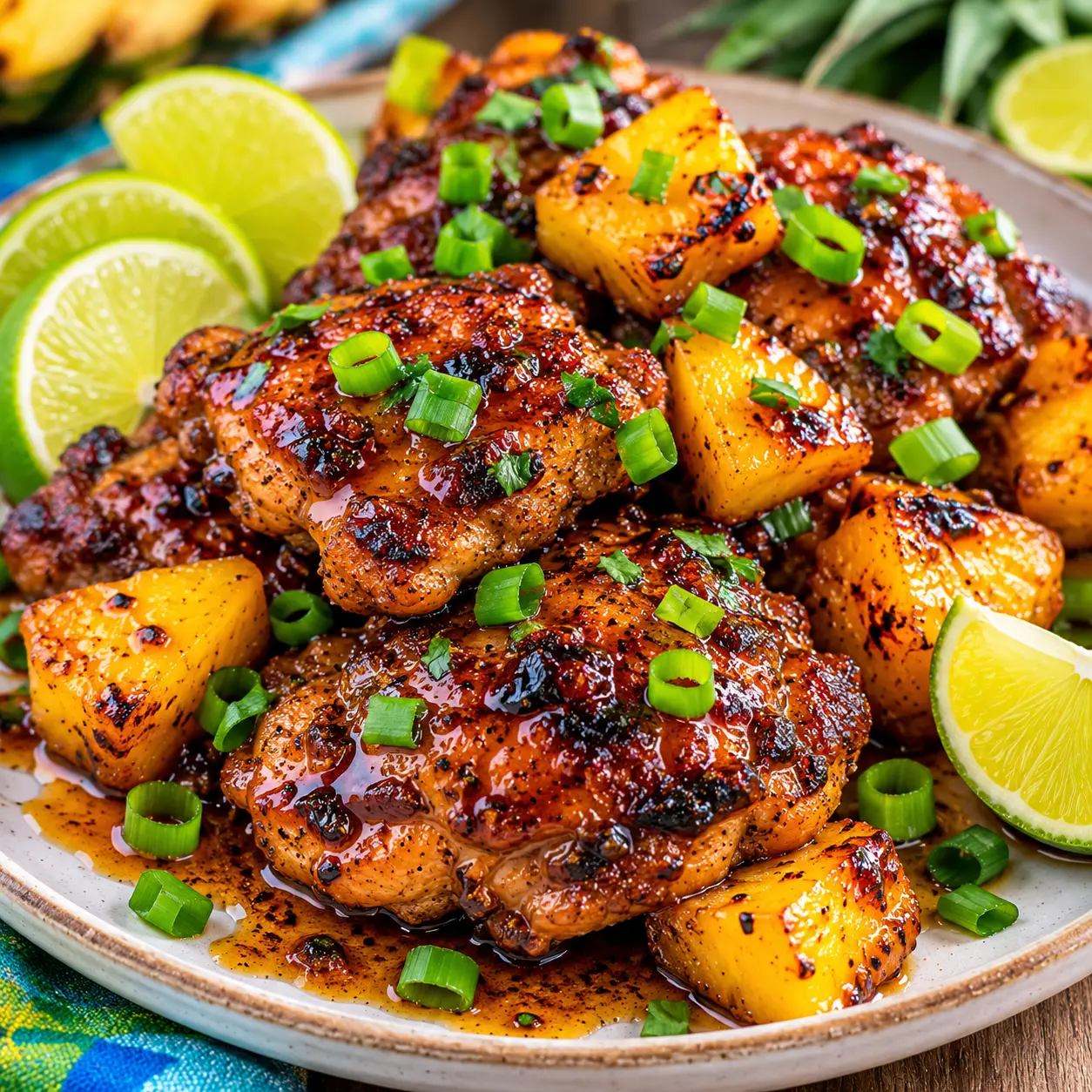 Savor Amazing Pineapple Jerk Chicken Thighs in Just 30 Minutes! 1 Slight zoom of Pineapple Jerk Chicken Thighs with glaze in skillet for recipe card feature.