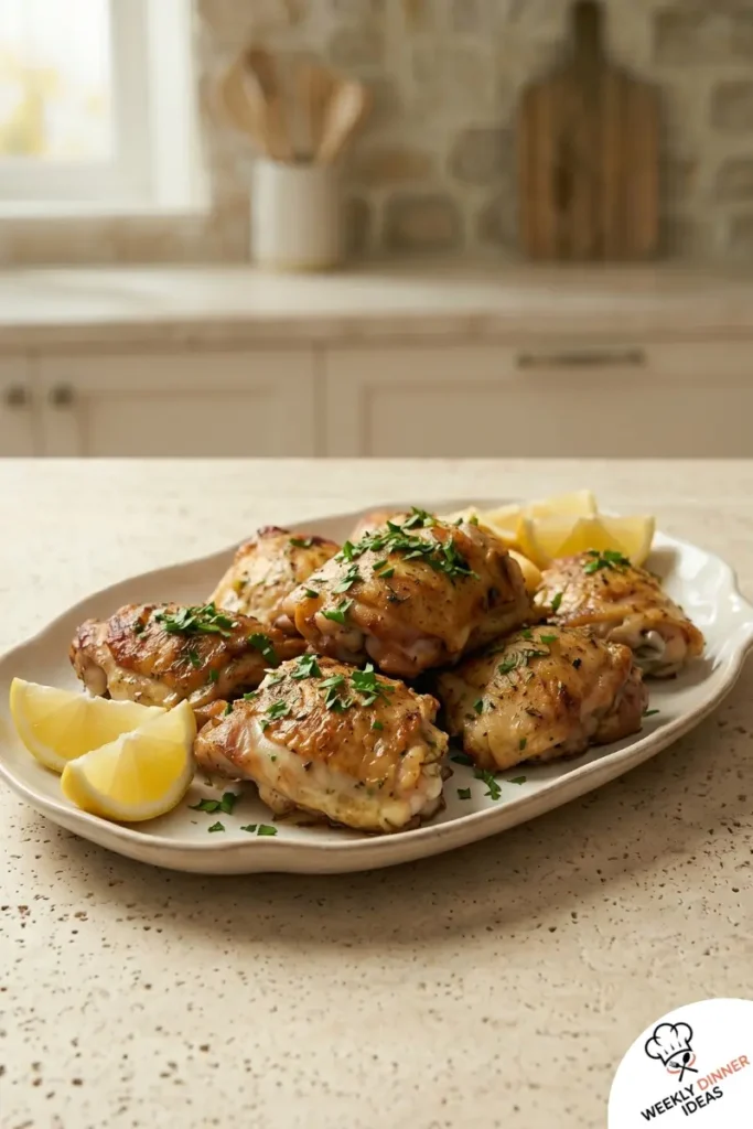 Final plated Ranch Chicken Thighs with ranch herb seasoning and lemon wedges
