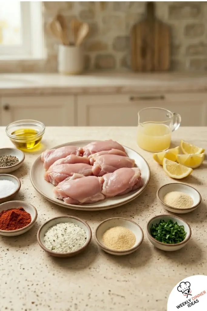 Ingredients for Ranch Chicken Thighs including boneless skinless chicken thighs, ranch seasoning, olive oil, garlic powder, onion powder, paprika, parsley, and lemon