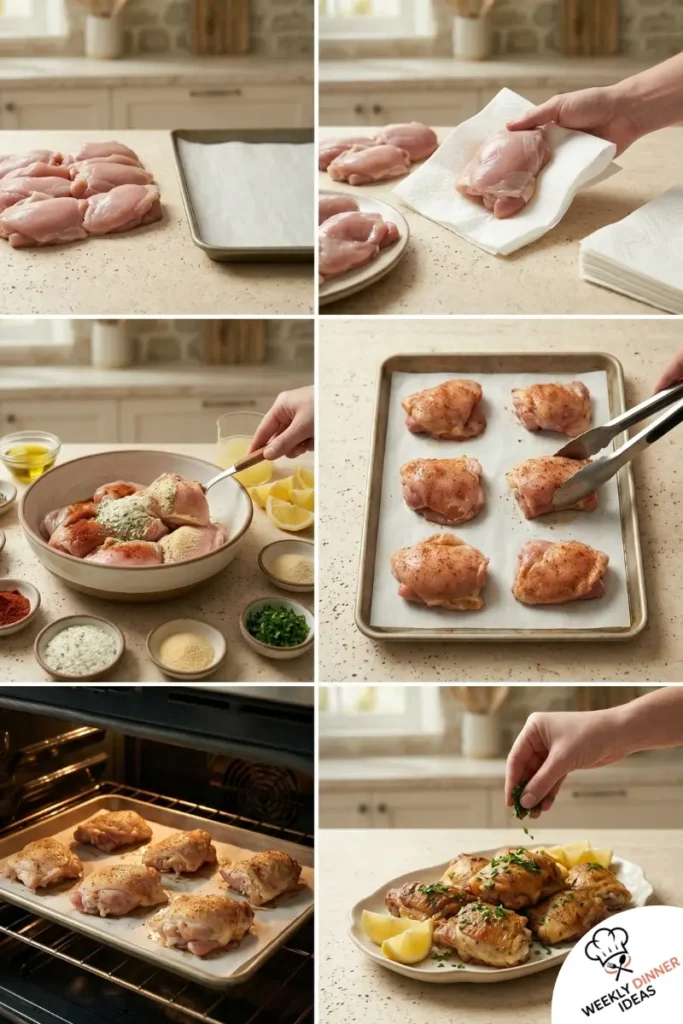 Step-by-step collage showing how to make Ranch Chicken Thighs from drying and seasoning to baking and resting