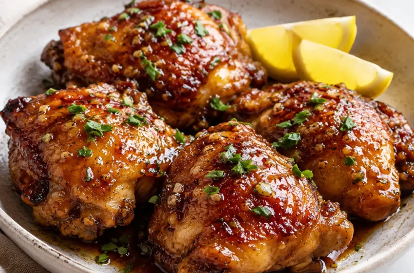 Brown sugar garlic chicken thighs with crispy golden skin, sticky glaze, fresh parsley or chives, and lemon wedges.