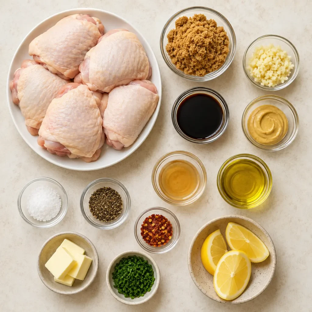 Ingredients for brown sugar garlic chicken thighs including chicken, brown sugar, garlic, soy sauce, Dijon, vinegar, oil, butter, herbs, and lemon.