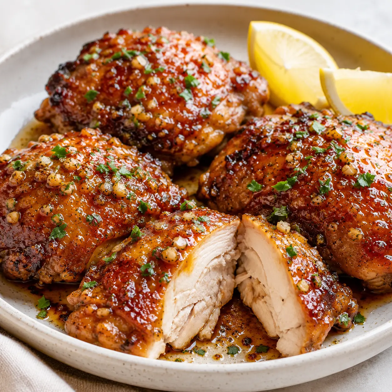 Square recipe image of brown sugar garlic chicken thighs with crispy skin, sticky glaze, fresh herbs, and lemon wedges.