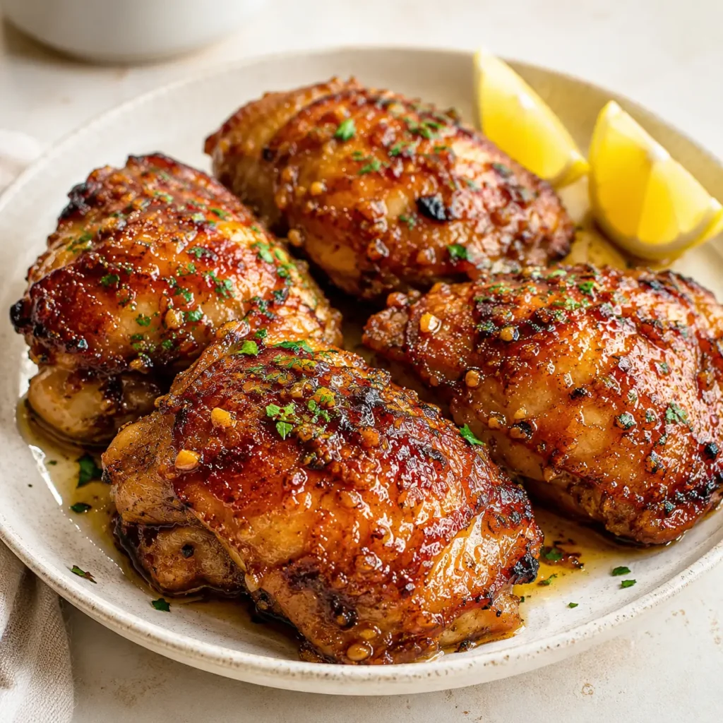Finished brown sugar garlic chicken thighs with crispy skin, sticky glaze, fresh parsley or chives, and lemon wedges.
