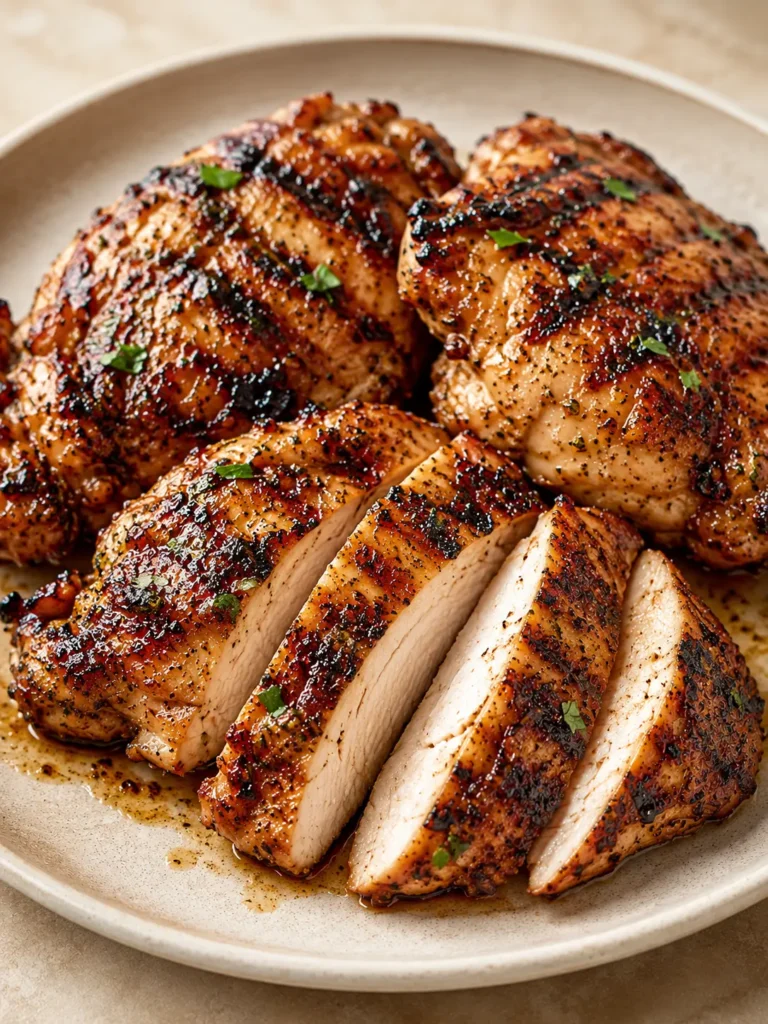Finished grilled chicken thighs with smoky grill marks, caramelized edges, lemon garlic marinade, and fresh parsley or cilantro.