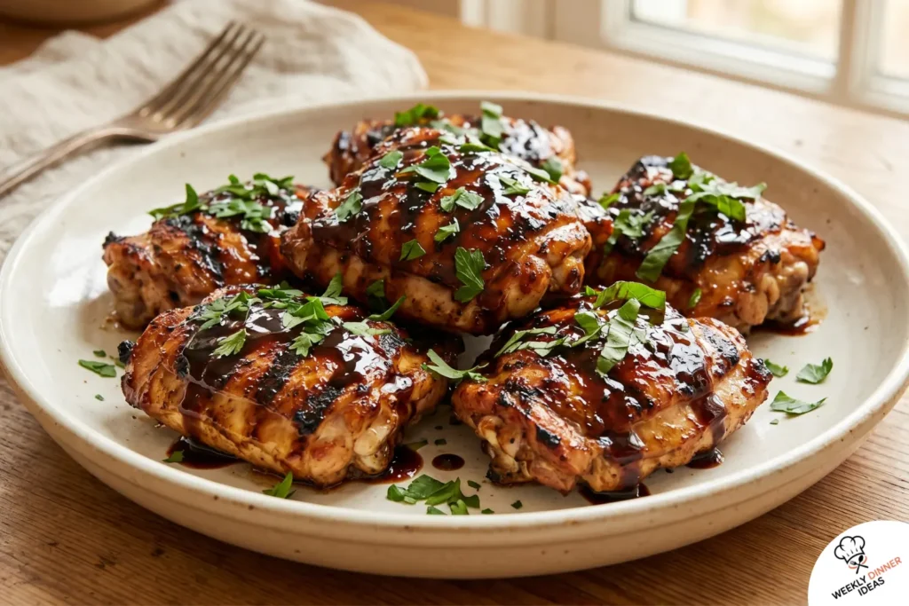 Finished grilled balsamic chicken thighs with glossy balsamic glaze, caramelized grill marks, and fresh parsley or basil.