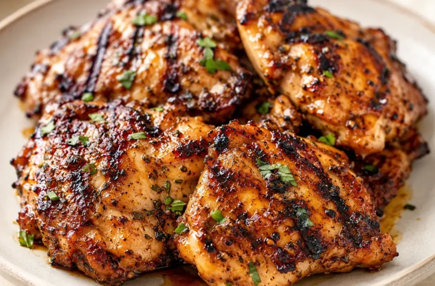 Flavorful grilled chicken thighs with smoky char marks, caramelized edges, lemon garlic marinade, and fresh herbs.