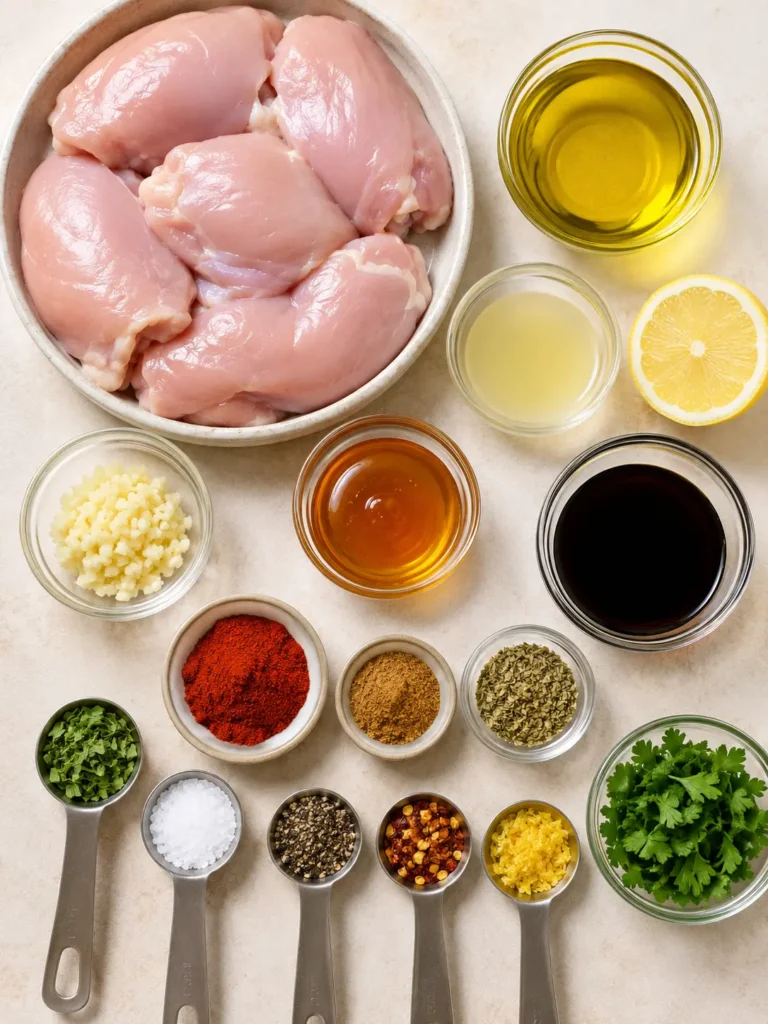 Ingredients for flavorful grilled chicken thigh marinade including chicken thighs, olive oil, lemon, soy sauce, honey, garlic, smoked paprika, cumin, oregano, and herbs.