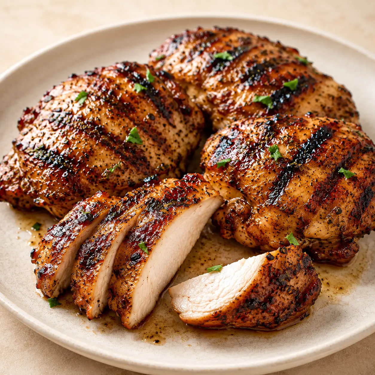 Square recipe image of flavorful grilled chicken thighs with golden grill marks, caramelized edges, and fresh herbs.