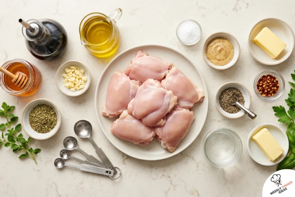 Ingredients for grilled balsamic chicken thighs including chicken thighs, balsamic vinegar, olive oil, honey, Dijon, garlic, oregano, butter, and herbs.