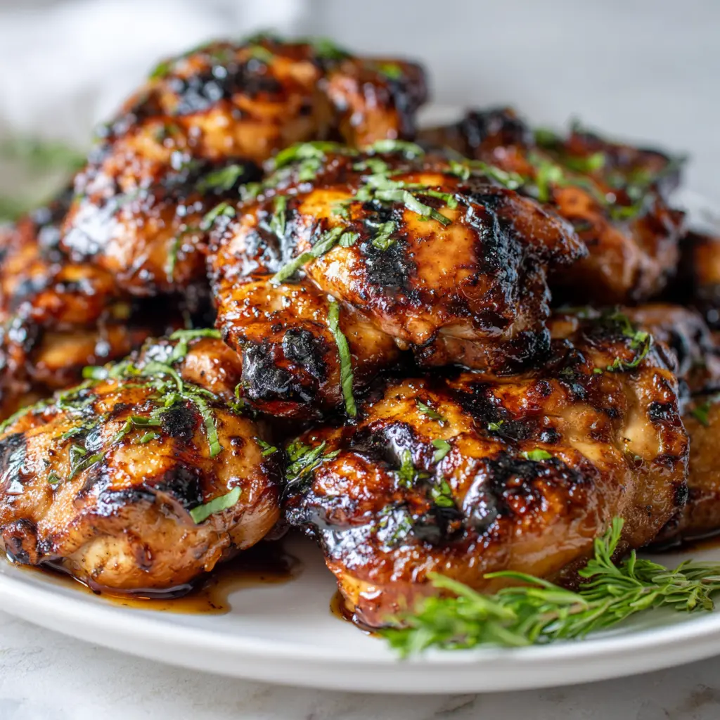 Square recipe image of grilled balsamic chicken thighs with glossy glaze, grill marks, and fresh herbs.