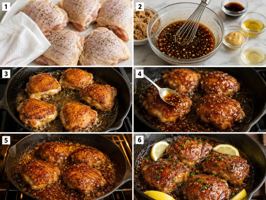 Six-step photo collage showing how to dry, glaze, sear, roast, rest, and garnish brown sugar garlic chicken thighs.