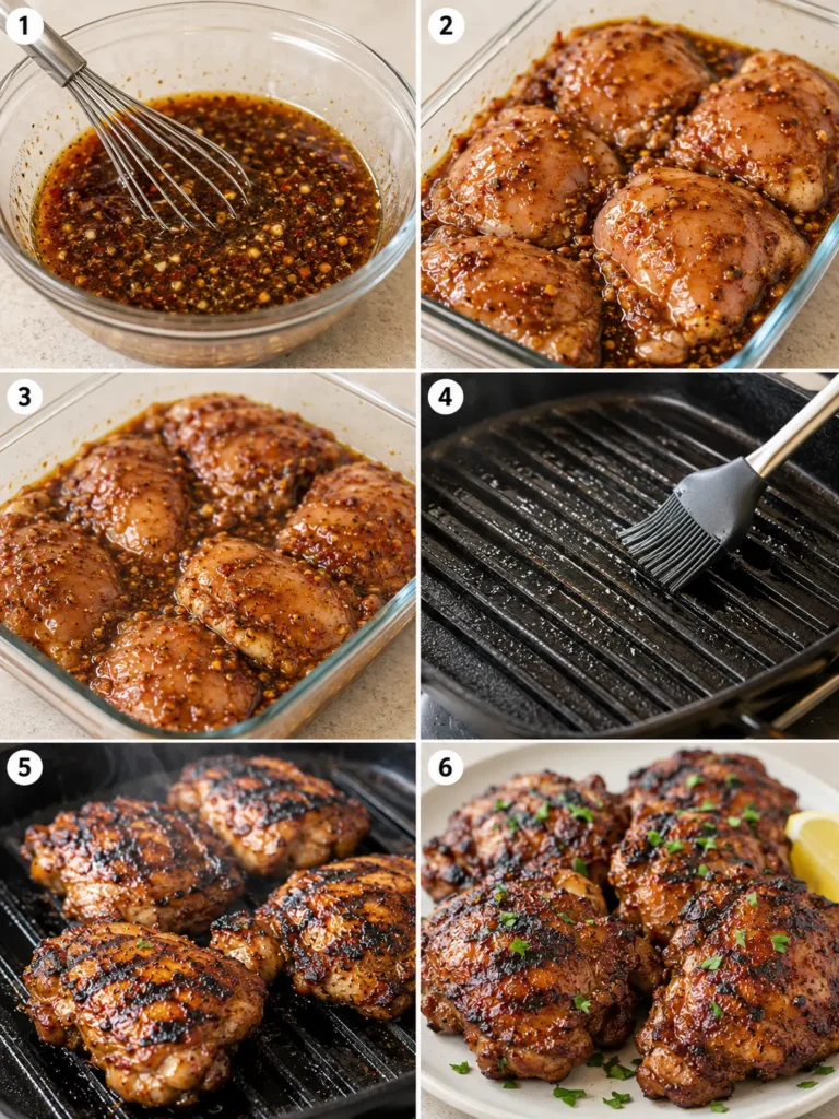 Six-step photo collage showing how to whisk marinade, coat chicken thighs, preheat grill, grill, rest, and finish with herbs.