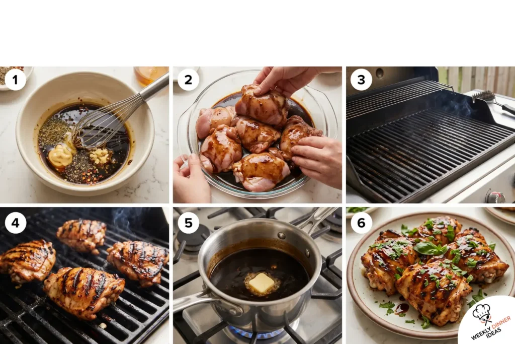Six-step photo collage showing how to mix balsamic marinade, marinate chicken, grill, simmer glaze, rest, and garnish chicken thighs.