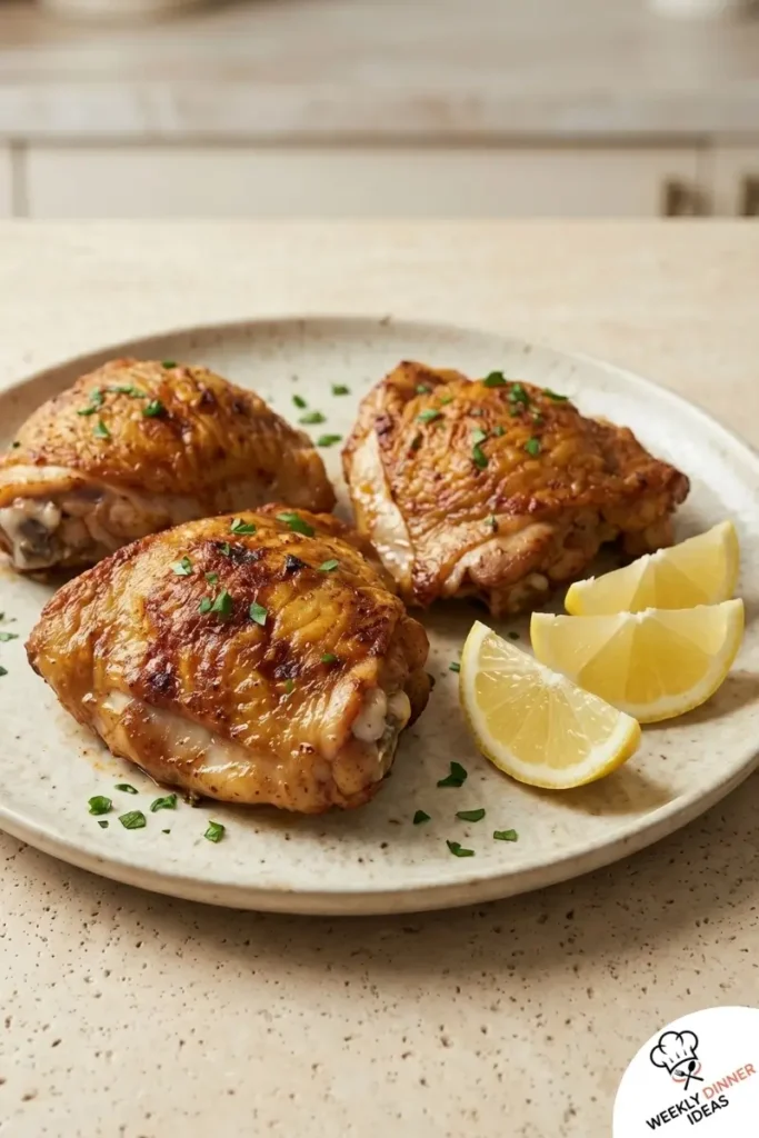 Final plated Air Fryer Chicken Thighs with crispy skin and lemon wedges