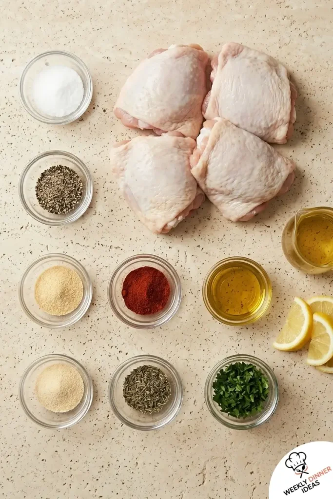 Ingredients for Air Fryer Chicken Thighs including chicken thighs, olive oil, paprika, garlic powder, onion powder, thyme, lemon, and parsley