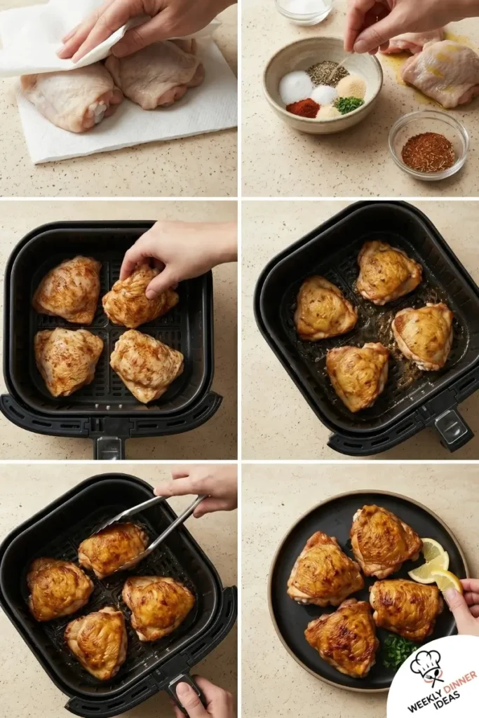 Step-by-step collage showing how to make Air Fryer Chicken Thighs from drying and seasoning to air frying and serving