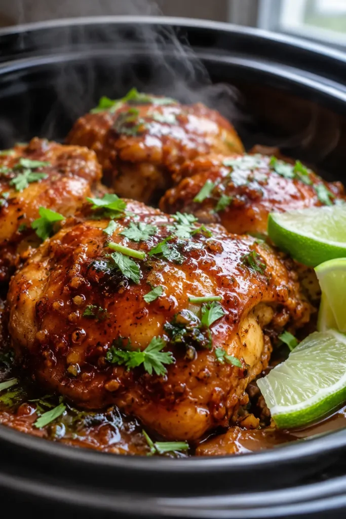 crockpot-chipotle-honey-lime-chicken-final Close-up of Crockpot Chipotle Honey Lime Chicken Thighs with thickened glossy sauce, lime, and cilantro