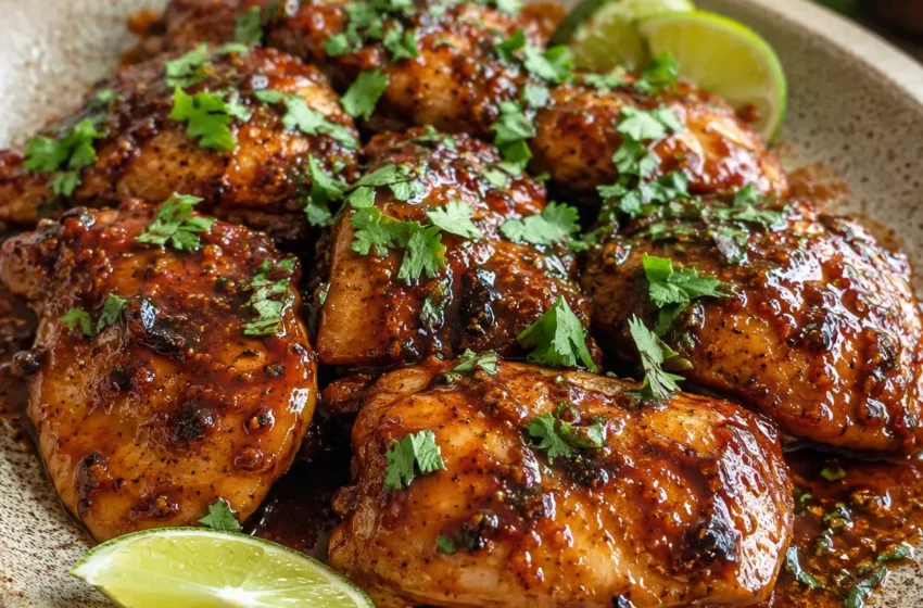 Crockpot Chipotle Honey Lime Chicken Thighs with glossy sauce, lime wedges, and fresh cilantro