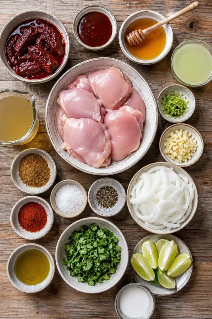crockpot-chipotle-honey-lime-chicken-ingredients Ingredients for Crockpot Chipotle Honey Lime Chicken Thighs arranged on a rustic kitchen table.