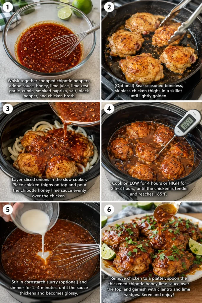 crockpot-chipotle-honey-lime-chicken-steps Six-step collage showing preparation of Crockpot Chipotle Honey Lime Chicken Thighs.