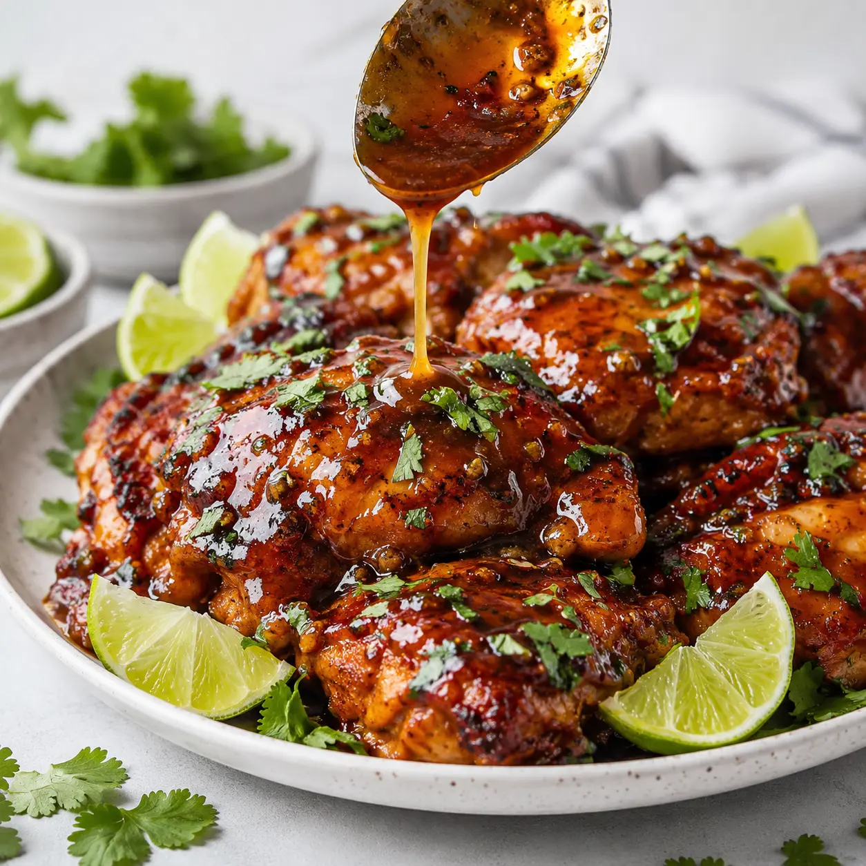 Discover the Ultimate Crockpot Chipotle Honey Lime Chicken Thighs! 1 Crockpot Chipotle Honey Lime Chicken Thighs arranged neatly for recipe card with sauce, cilantro, and lime wedges.