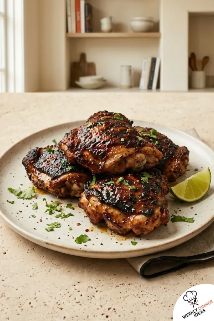Final plated grilled chicken thighs with ancho chili and tequila glaze