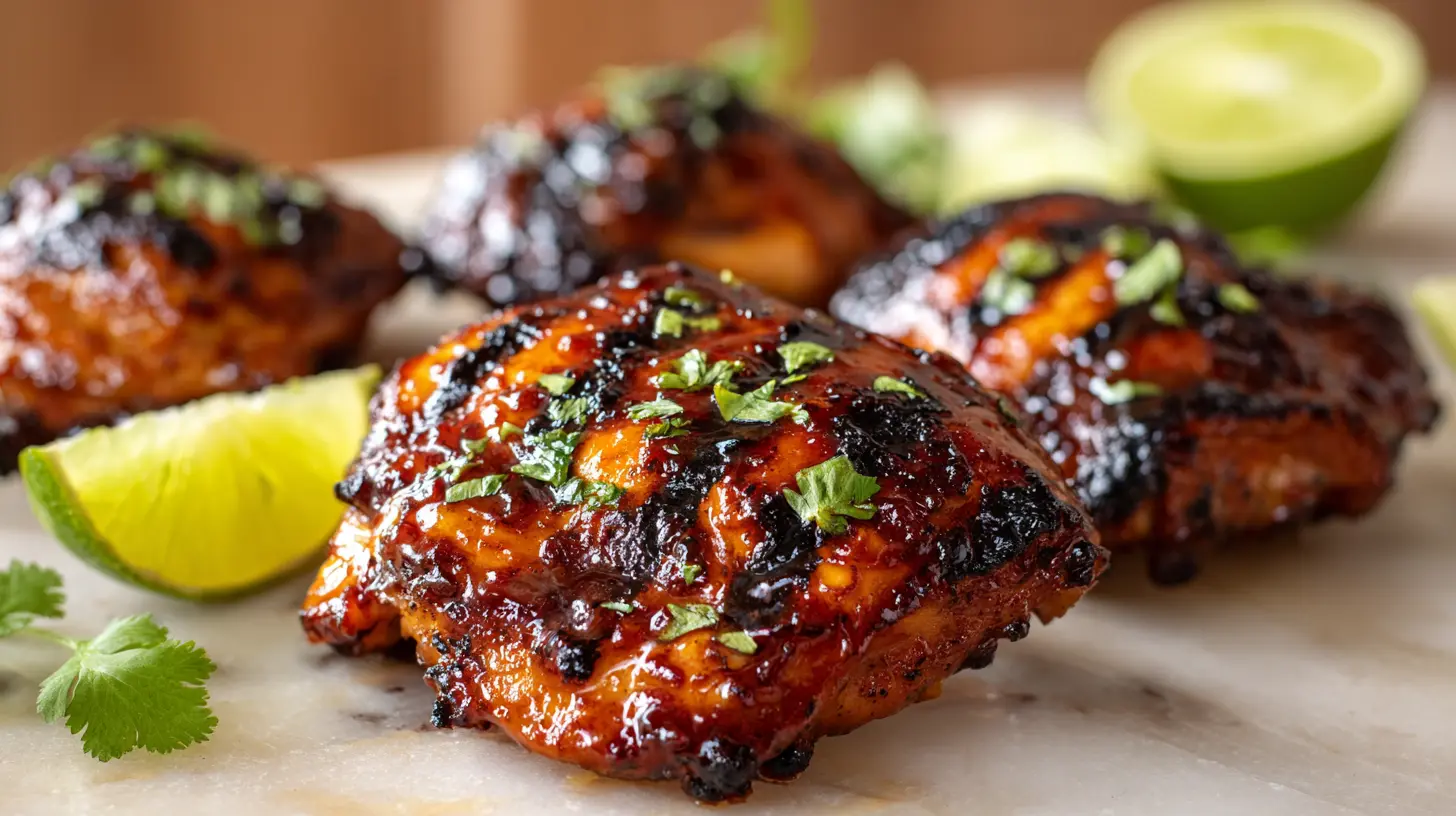 Square recipe image for grilled chicken thighs with ancho chili and tequila glaze