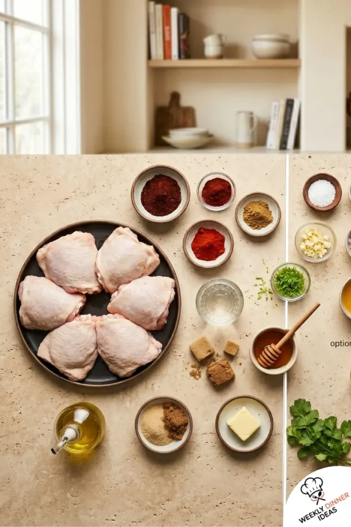 Ingredients for grilled chicken thighs with ancho chili and tequila glaze including chicken thighs, ancho chili, tequila, lime, garlic, and cilantro