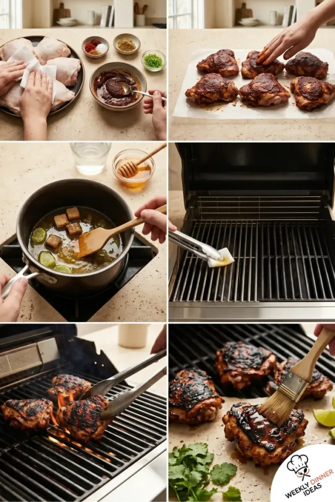 Step-by-step collage showing how to make grilled chicken thighs with ancho chili and tequila glaze